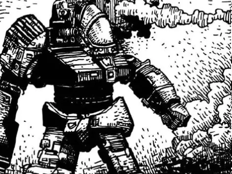 Black-and-white line art of a heavy BattleMech striding through smoke over a ruined skyline.