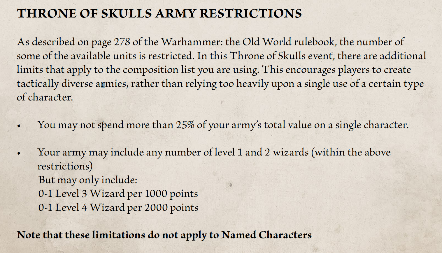 Event packet excerpt, "Throne of Skulls Army Restrictions": no more than 25% of army value on a single character, any number of level 1–2 wizards, but only 0-1 level 3 wizard per 1000 points and 0-1 level 4 per 2000 — limits that do not apply to named characters.