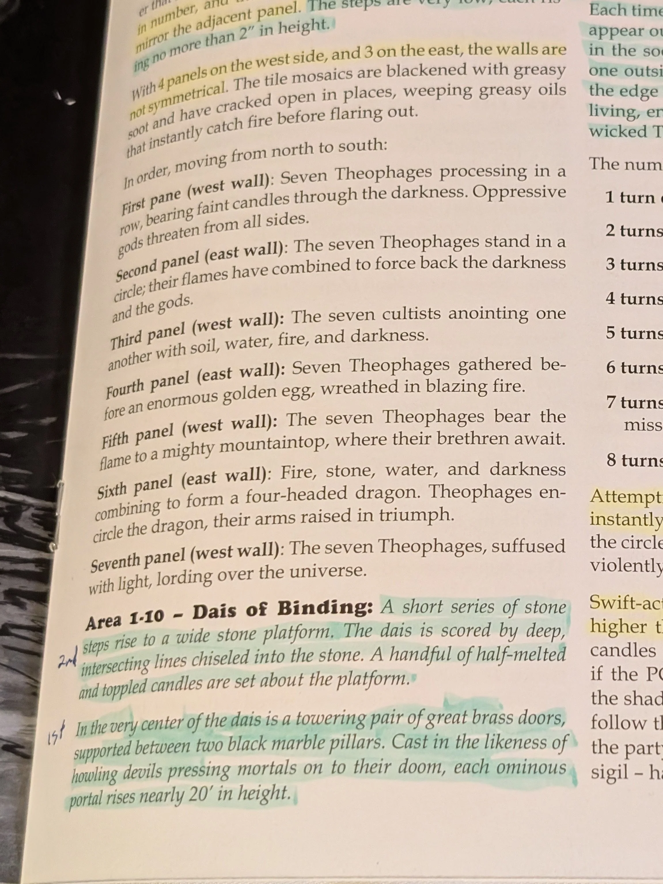 Photo of the module page describing the seven mosaic panels of the Theophages and the Dais of Binding with its towering brass doors, with passages highlighted in green and yellow and notes in the margin.