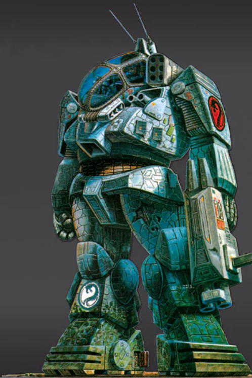Painting of a teal and green BattleMaster, its humanoid frame topped by a large bubble cockpit.