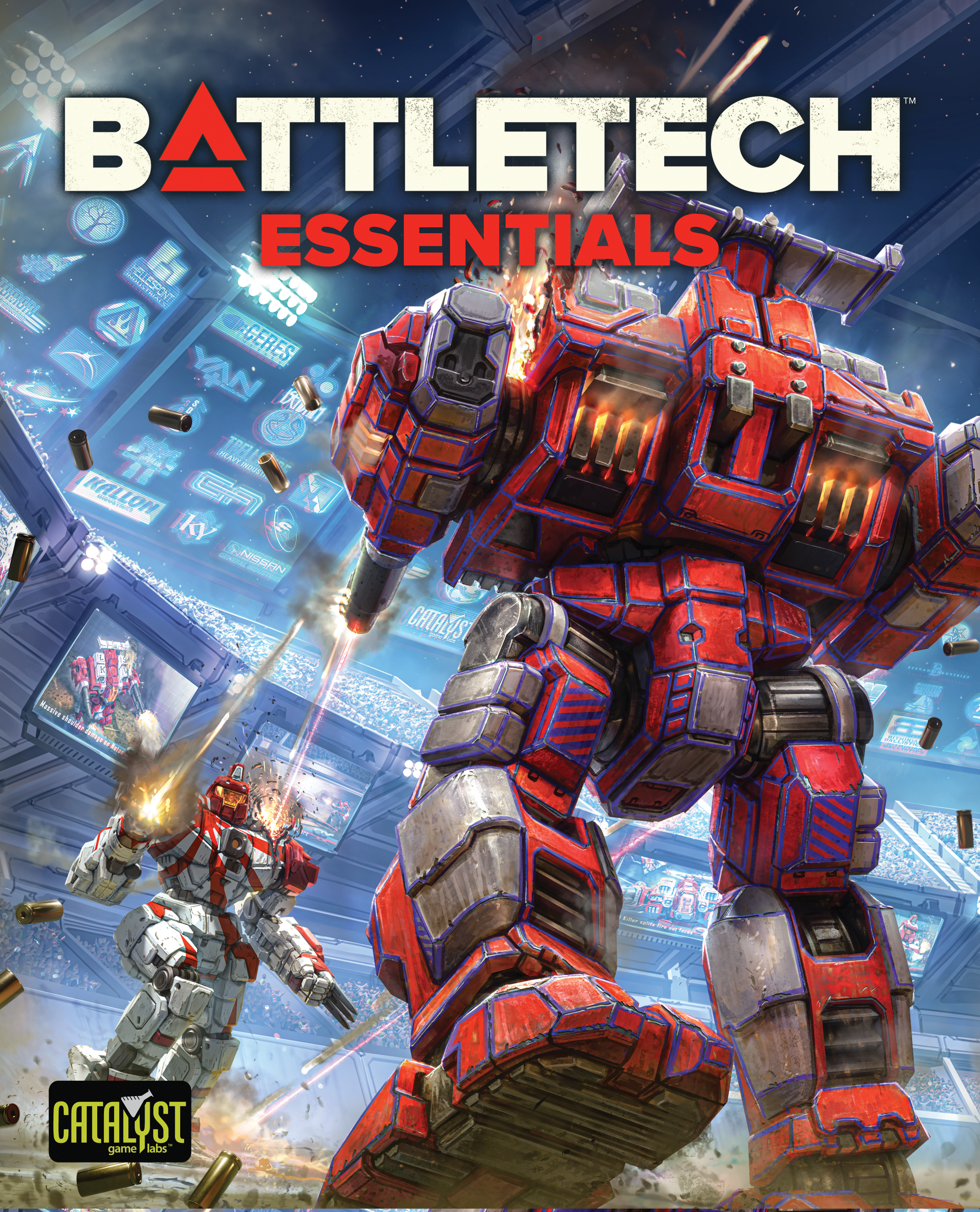 BattleTech Essentials cover art: a red and blue mech firing inside a floodlit arena as a white mech burns behind it.