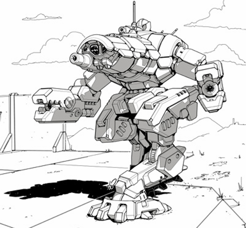 Line art of the Crab, a low-slung mech with backwards-jointed legs and blocky clamp-like weapon arms.