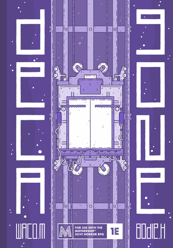Cover of the Mothership module Decagone: a purple line drawing of an industrial elevator car in its shaft, the title stacked down both sides.