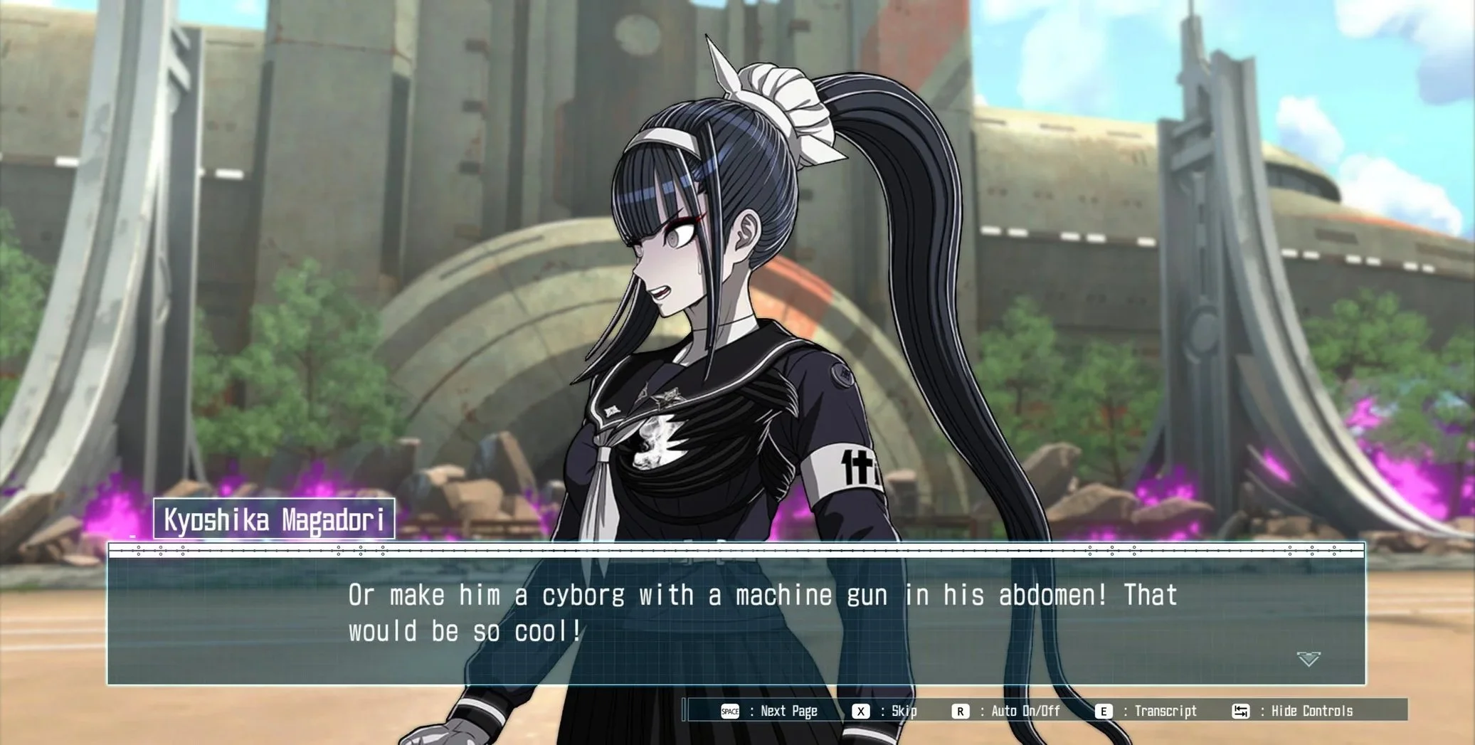 The Hundred Line screenshot: the character Kyoshika Magadori in a black school uniform, with the dialogue "Or make him a cyborg with a machine gun in his abdomen! That would be so cool!"