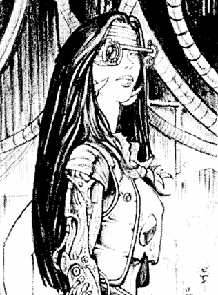 Inked illustration of a long-haired figure with a cybernetic eyepiece and exposed mechanical arm, standing among hanging cables.