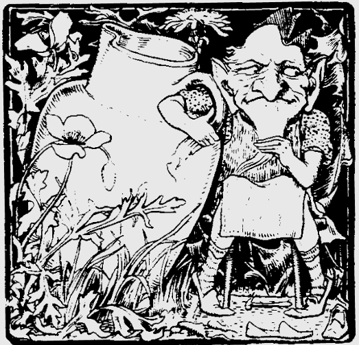 Woodcut-style drawing of a grinning goblin in an apron leaning against a huge jug among tall weeds.