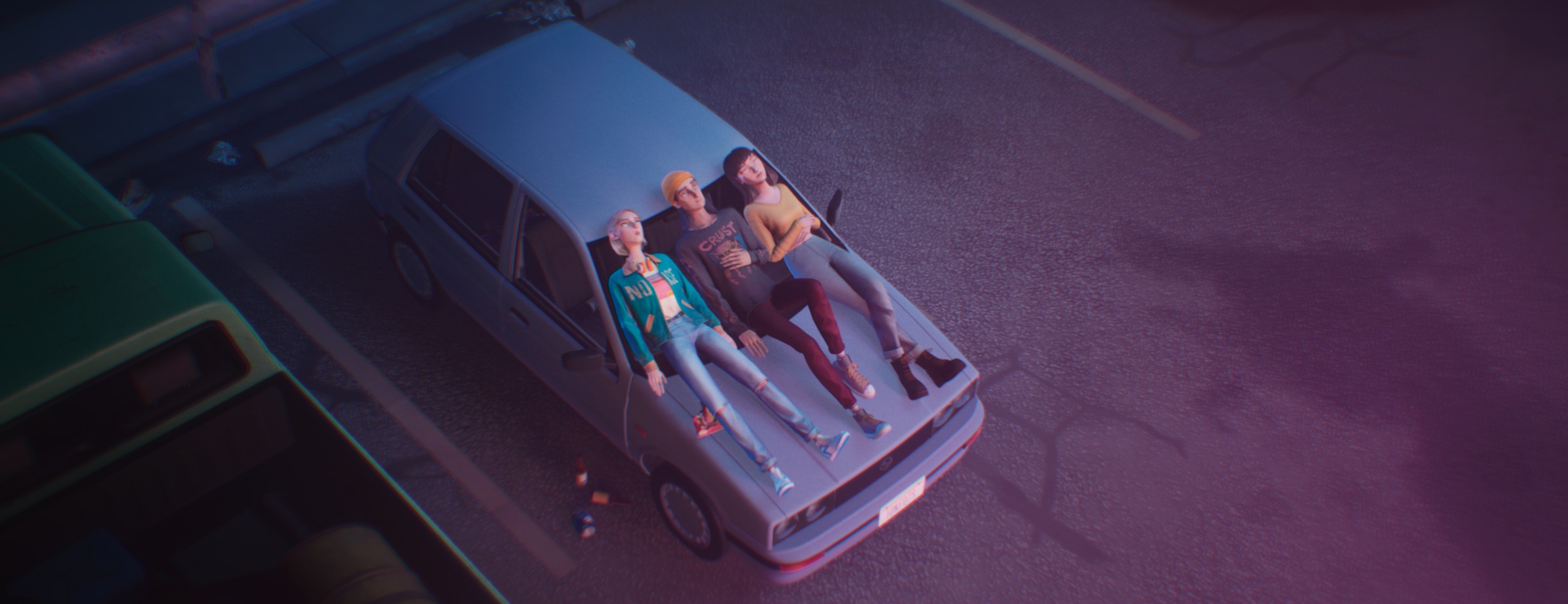 Screenshot from Mixtape: three teenagers lying back on the hood of a white hatchback in an empty parking lot at dusk.