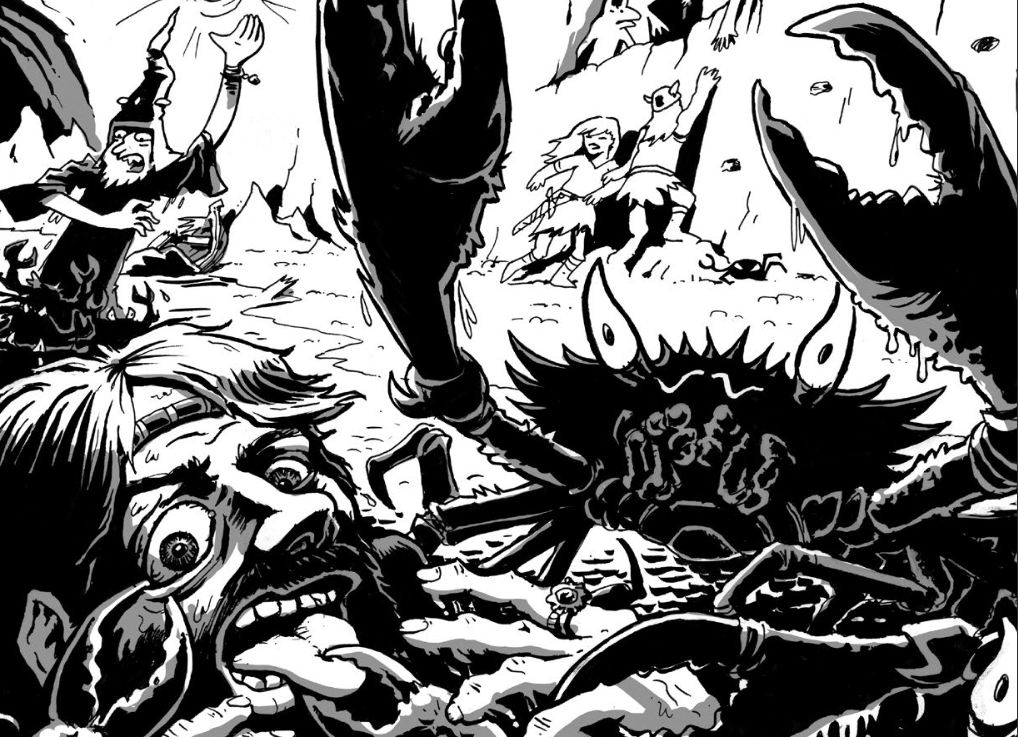 Black-and-white fantasy artwork of adventurers surrounded by beastmen in an underground cavern.