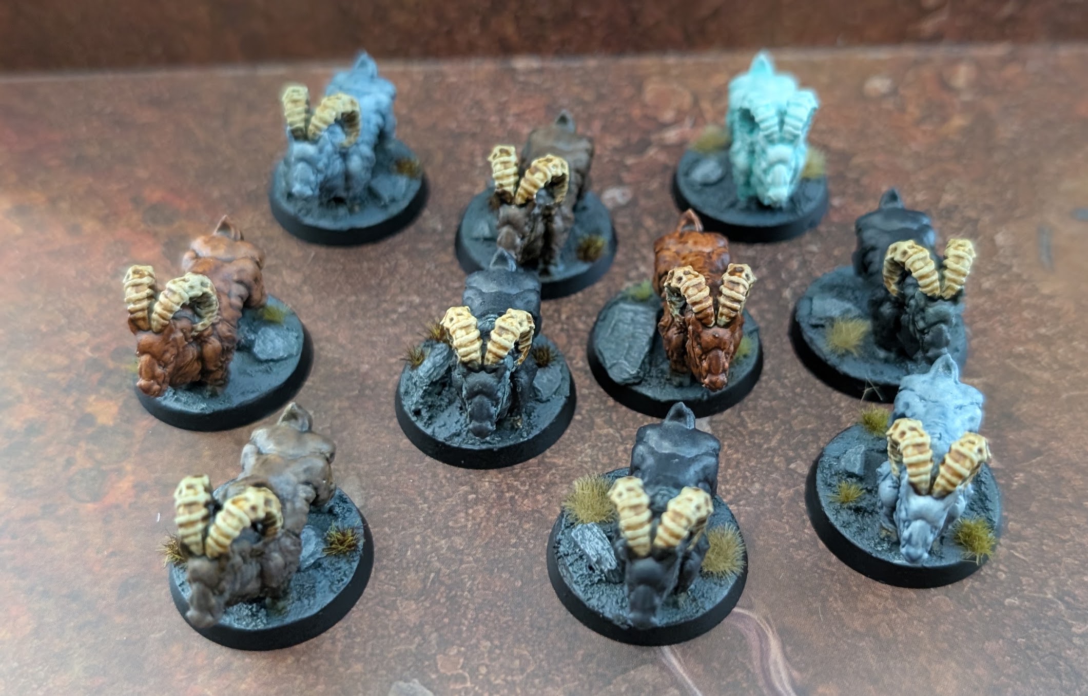 Ten painted beastmen goat-headed models based individually.